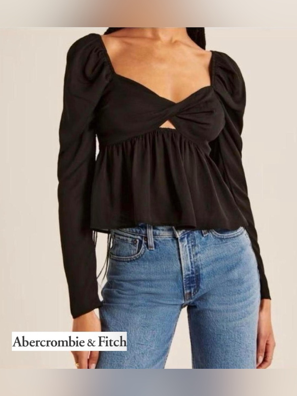 Abercrombie & Fitch Black Twist-Front Puff-Sleeve Long Sleeve Top